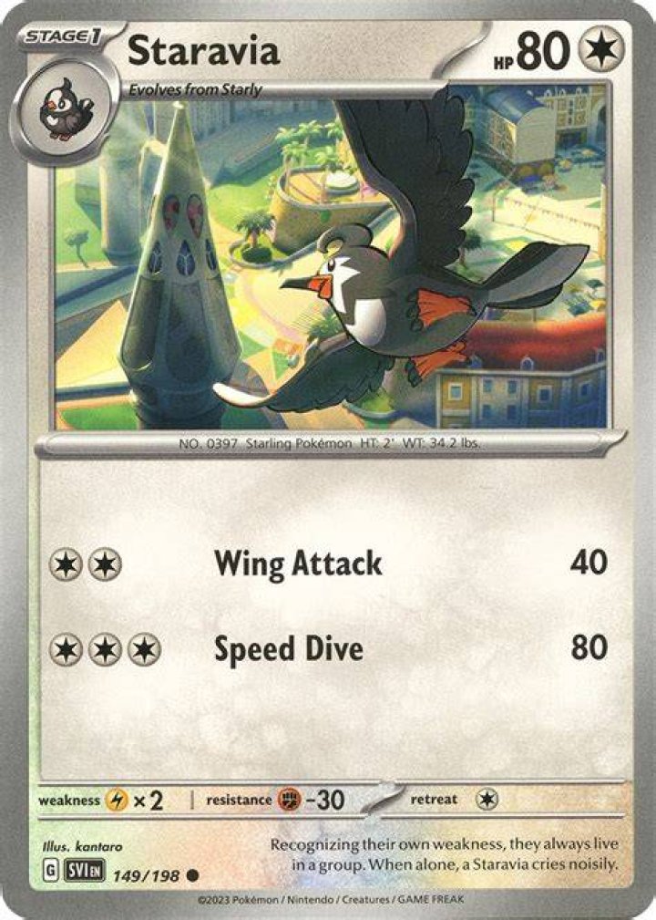 A player and their Staravia battle with a Porygon in a Space-Time Distortion in Pok&eacute;mon Legends: Arceus.