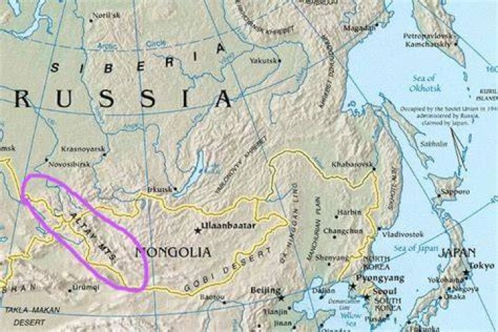 Map of world with Altay Mountains, Russia indicated