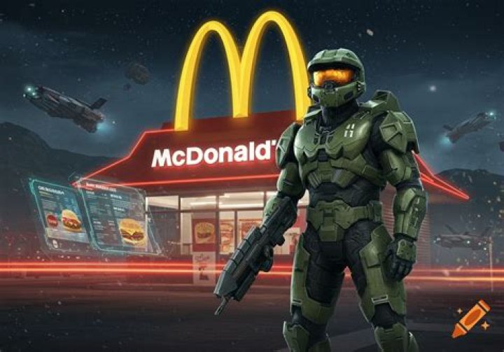 Master Chief stands in front of a giant blue orb of light.